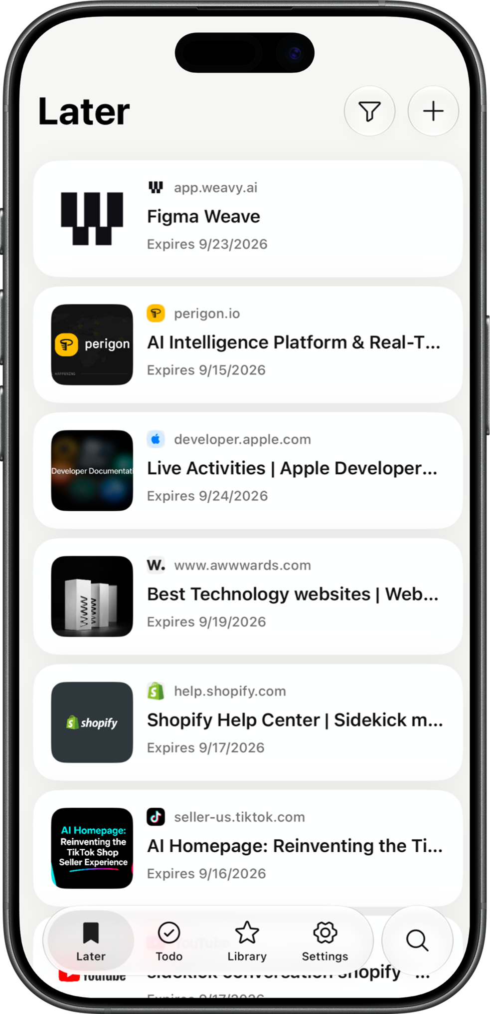 Ducklet mobile Read Later view showing saved links
